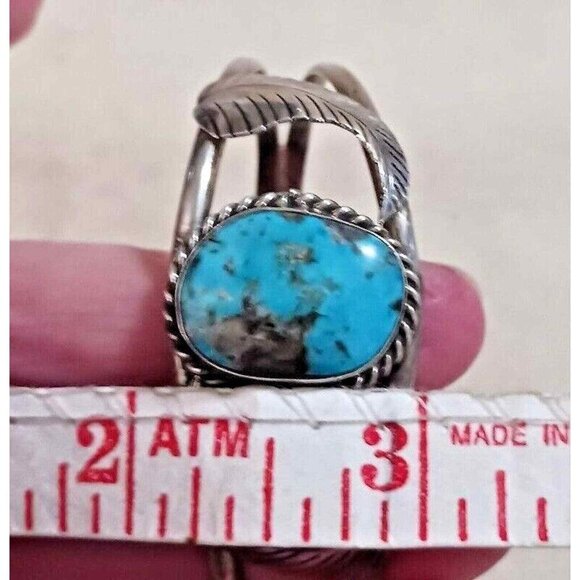 Navajo Native American Turquoise Cuff Sterling leaves 1132 - Picture 5 of 6